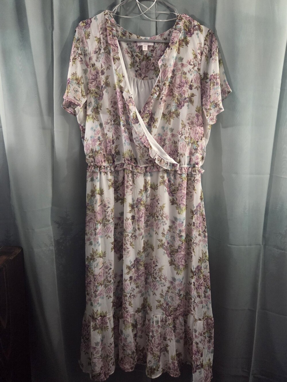 LC Lauren Conrad White Floral Midi Dress with Pink & Green Print
